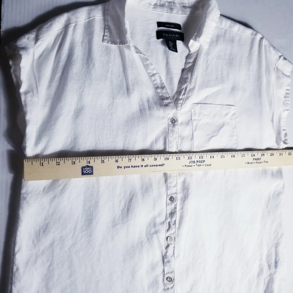TAHARI WHITE 100% LINEN BUTTON DOWN CUFFED SLEEVE BLOUSE SIZE MEDIUM - Picture 7 of 16